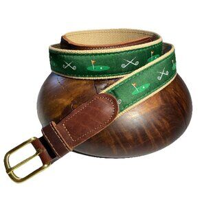 Green Golf Pattern Belt with Brown Leather Accents
